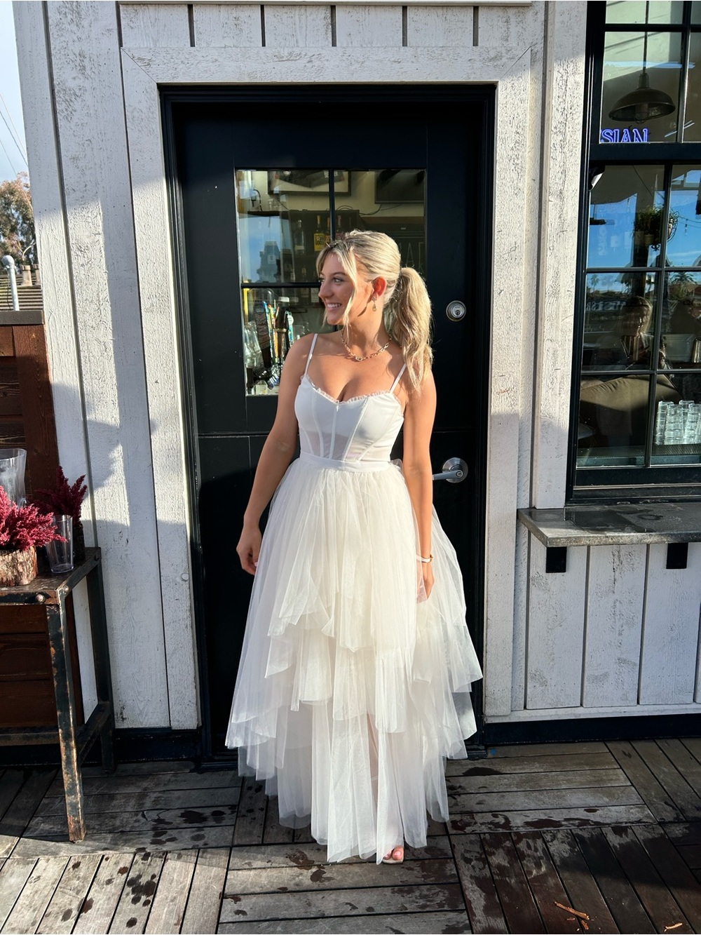 BCBGMaxAzria Ivory Layered Tulle High-Low Dress